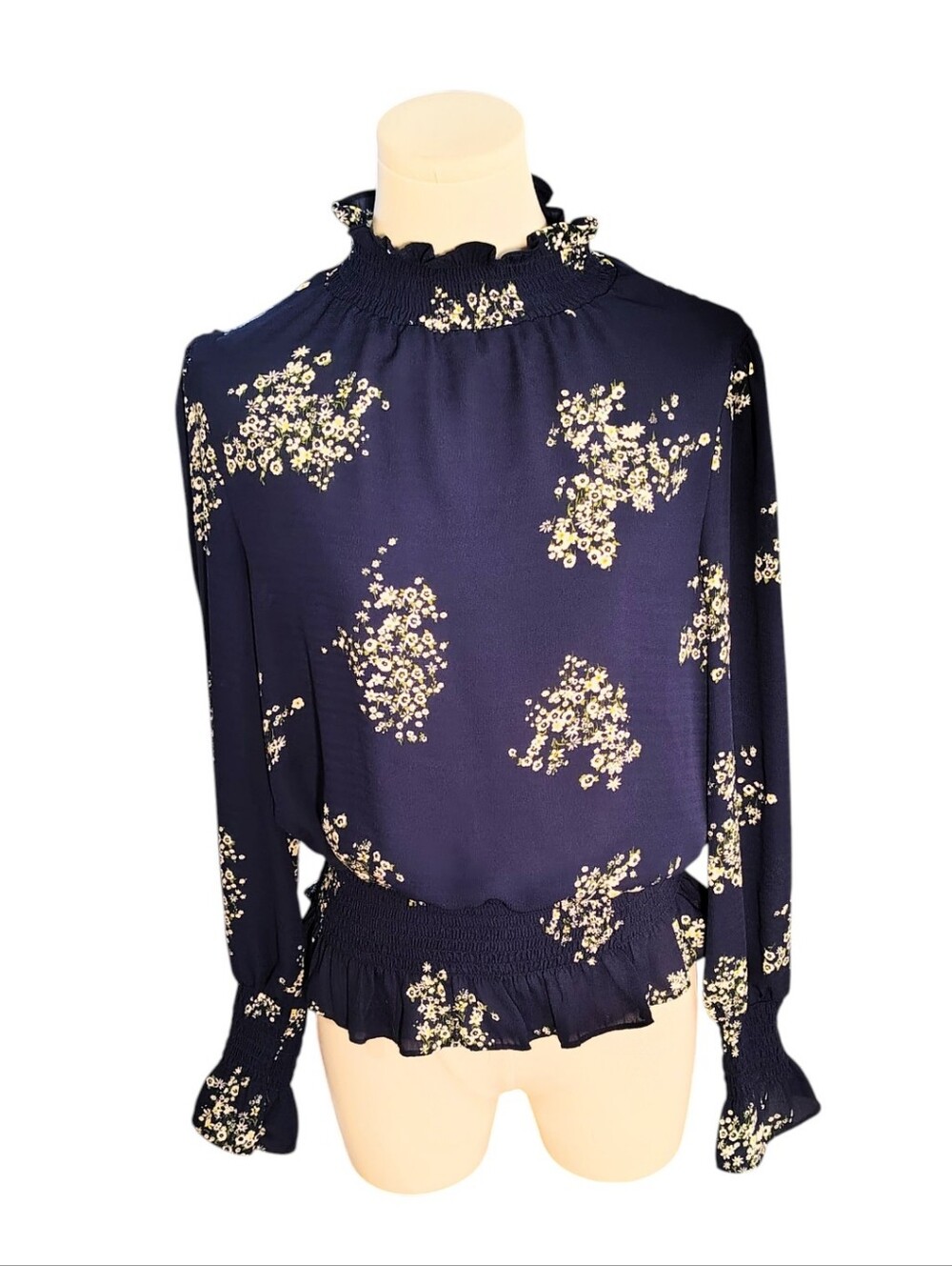 Meraki Navy Blue Yellow Floral Victorian Cinched Ruffled Blouse Size Medium